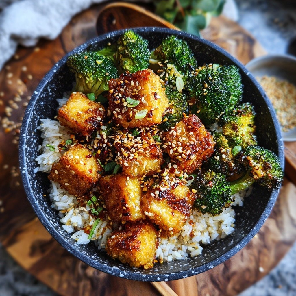 Crispy Tofu Garlic Rice Bowl